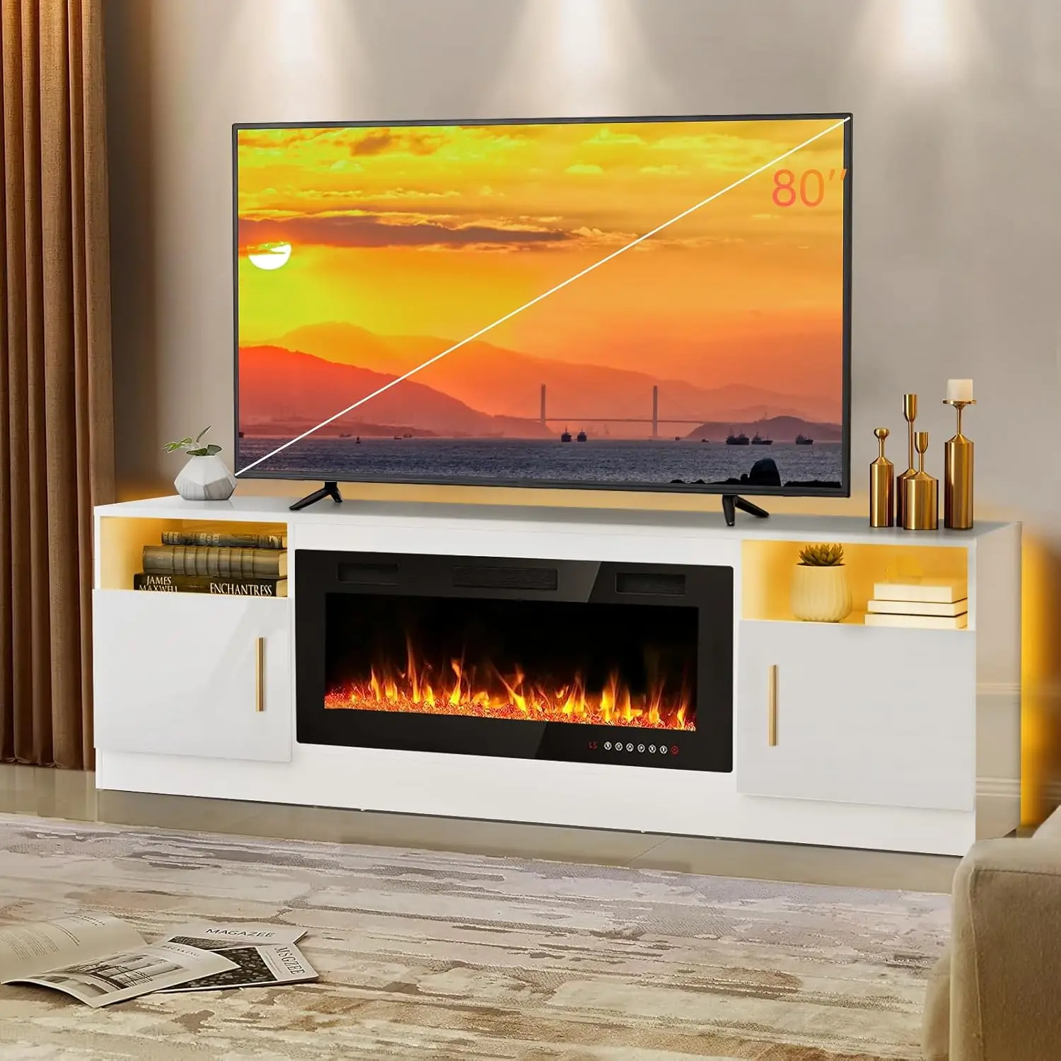 Fireplace tv Stand with 36 inch Fireplace Up to 80" TVs,LED Light Entertainment Center and Storage, 70" Modern Wood Media TV