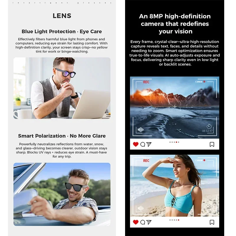 New AI Smart Professional-Grade Camera Glasses AI Voice 8MP HD Video Surround-Sound Music Bluetooth Call Wifi Smart Glasses 4