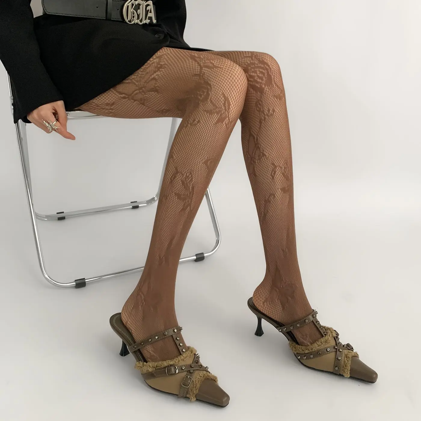 Collant Donna Ultra Trasparente Fiori Pizzo Rete Fishnet Fino Vita