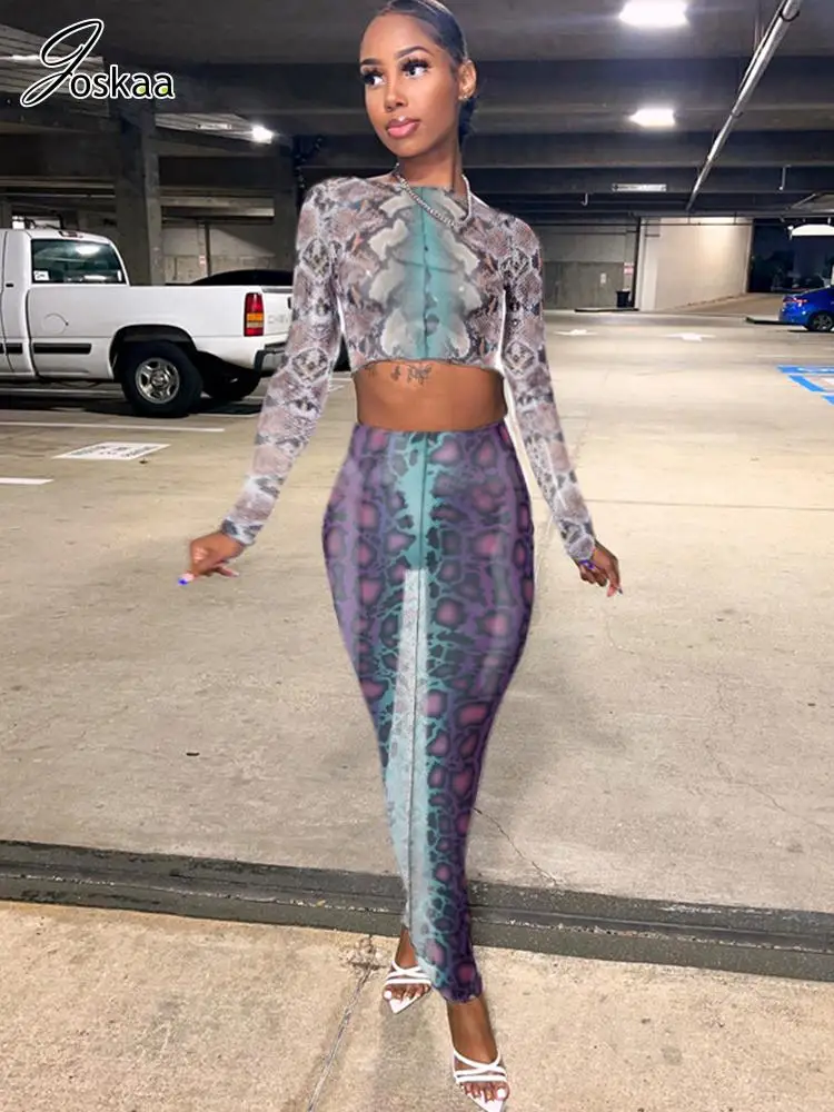

Joskaa Mesh Printed Two Piece Set Summer Women Sexy See Through Long Sleeve Crop Top Skirts Matching 2023 Night Club Outfits