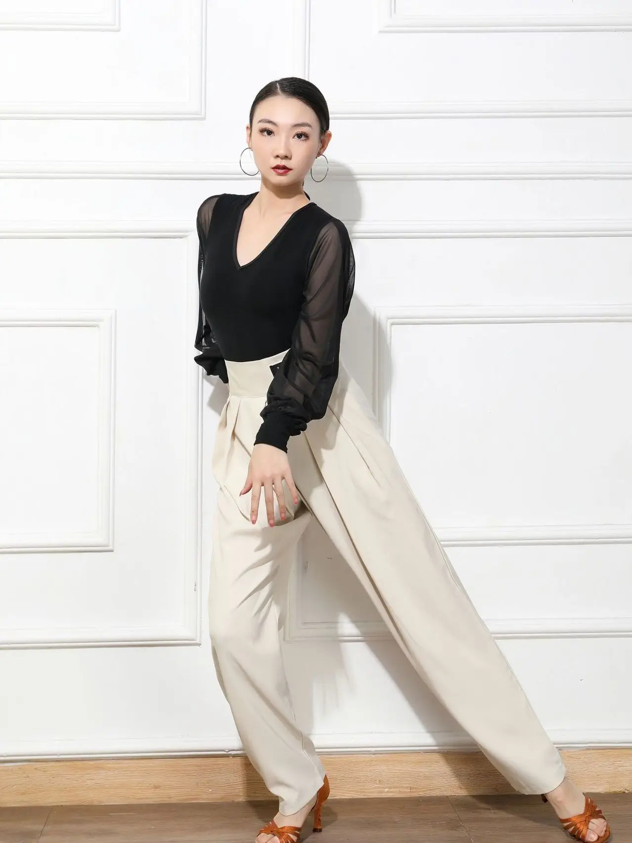 Solid Color Modern Latin Dance Practice Pants Belly Costume Classical High Waist Competition Line trousers Women Ballroom Jazz