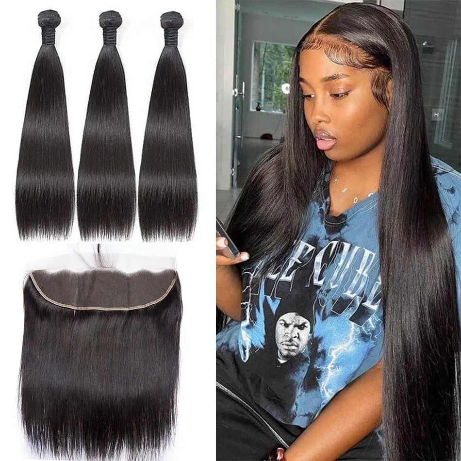 BrazilianStraightRemyHair30InchHumanHairBundlesWith13X4Lace