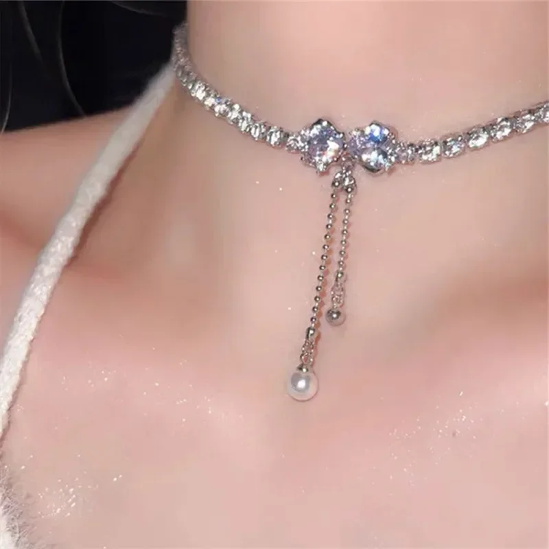 

Inlaid Zircon Bow Pearl Tassel Necklace Women's Personalized Fashionable Clavicle Chain Accessories Party Jewelry Birthday Gifts