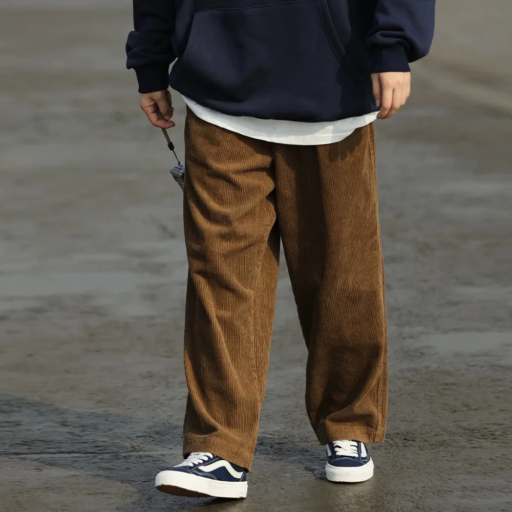 ☆韓国の人気☆【LOW CLASSIC】☆CORDUROY LOOSE-FIT PANT.S☆ Men Corduroy Wide Leg Straight Pants Japan Korean Streetwear