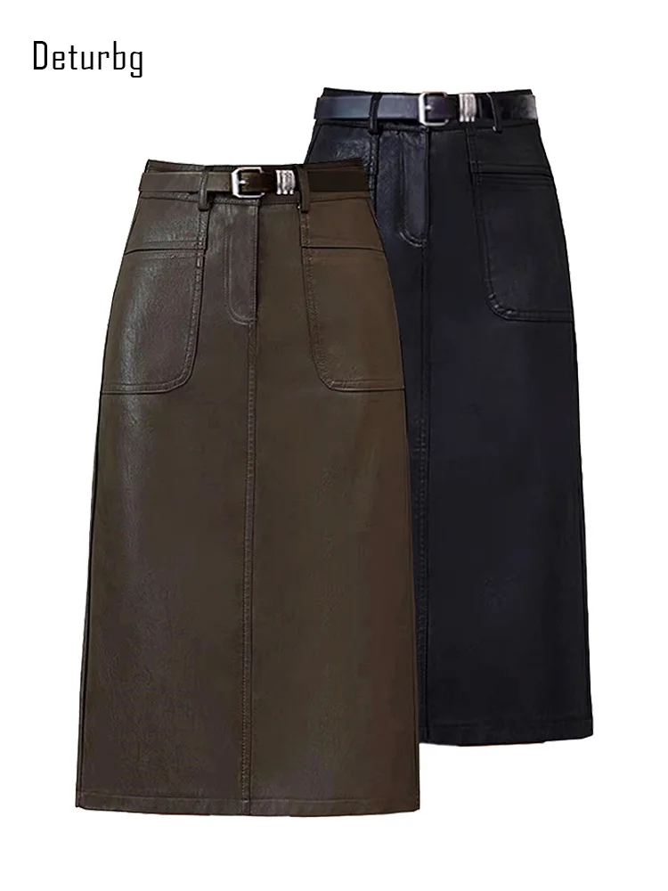 

Women's Fashion Faux Leather PU Midi Long Skirt With Pocket Korean Fashion High Waist Back Slits Bodycon Skirts 2024 Spring K398