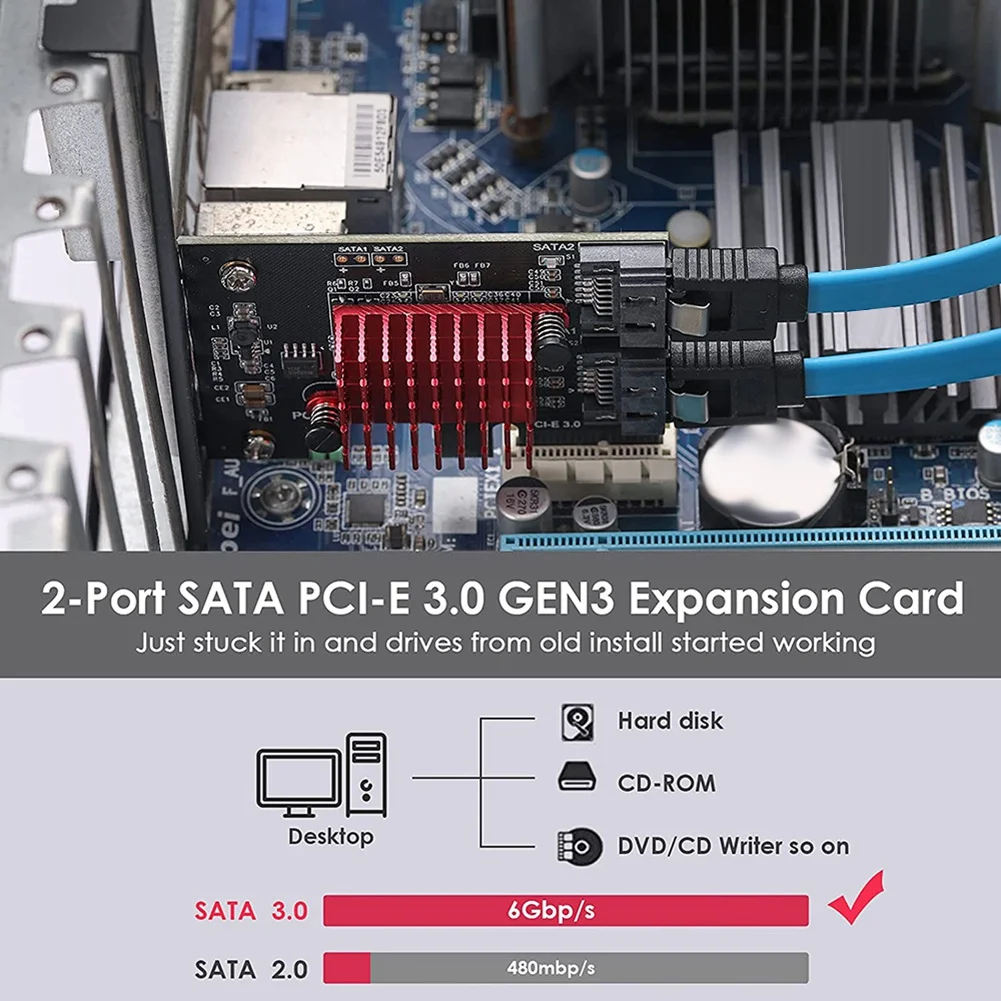 

PCIe to 2 Ports SATA 3 III 3.0 6 Gbps SSD Adapter PCI-E PCI Express X1 Controller Board Expansion Card Support X4 X6