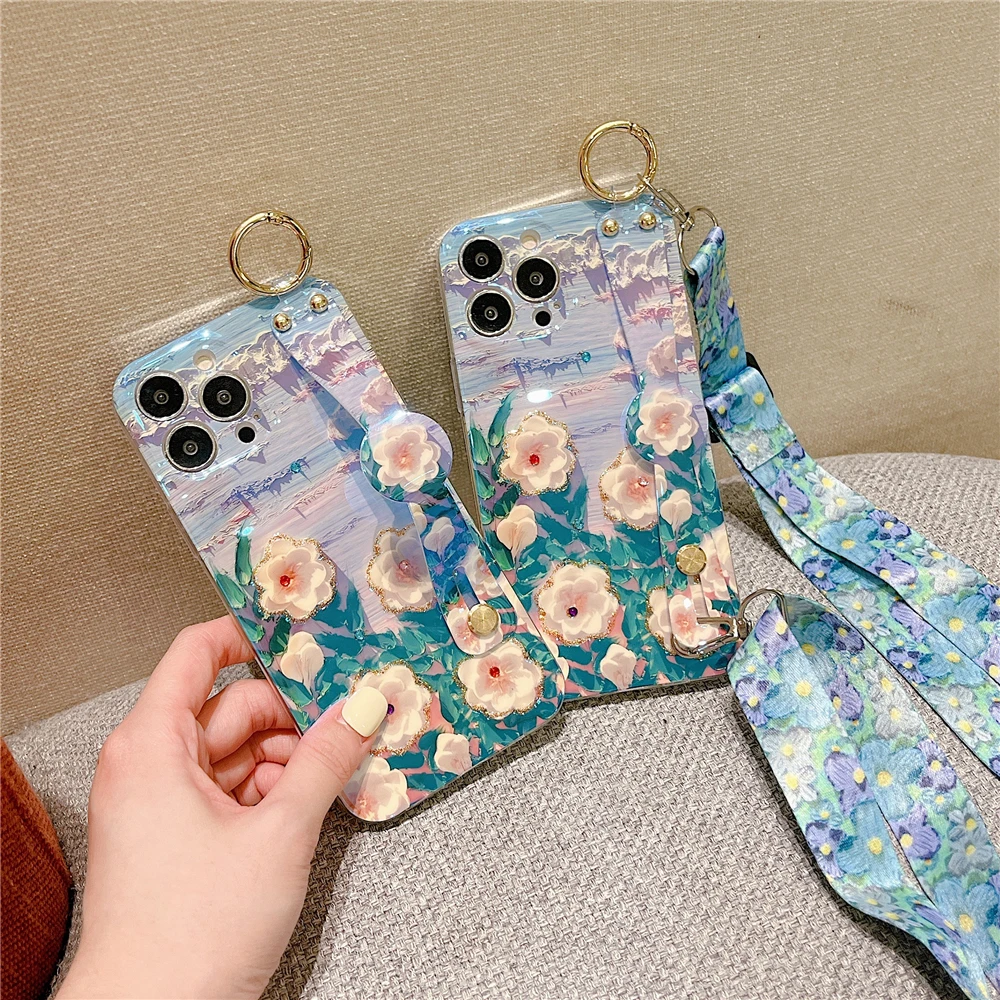 Elegant Floral Diamond Soft Cover with Crossbody Lanyard and Wrist Strap