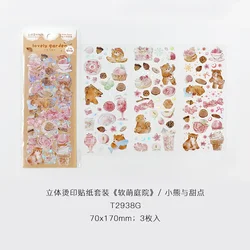 Laser Bronzing PET Hot Stamping Decorative Stickers - Jellyfish, Cute Bear, Dog & Floral Designs (3 Sheets/Pack) (Bear and dessert)