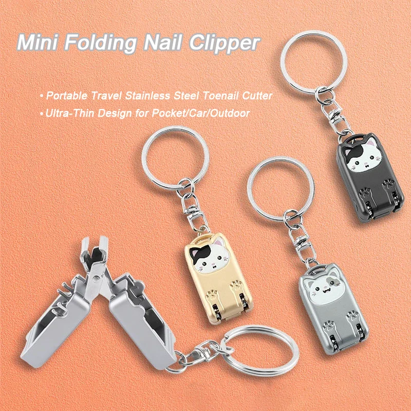Stainless Steel Fingernail Clipper Metal Foldable Mini Creative Kitten Nail Clipper Trim Nails Keychain