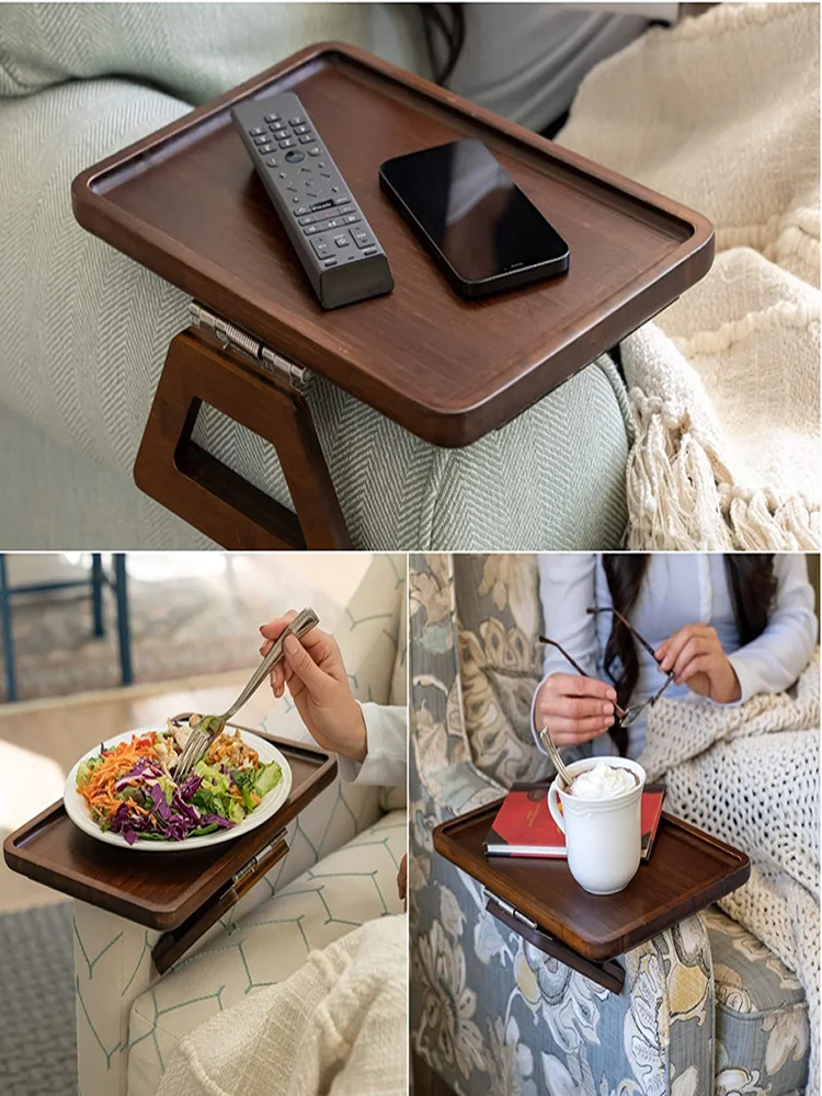 Foldable Bamboo Sofa Armrest Table, Clip On Couch Arm for Eating