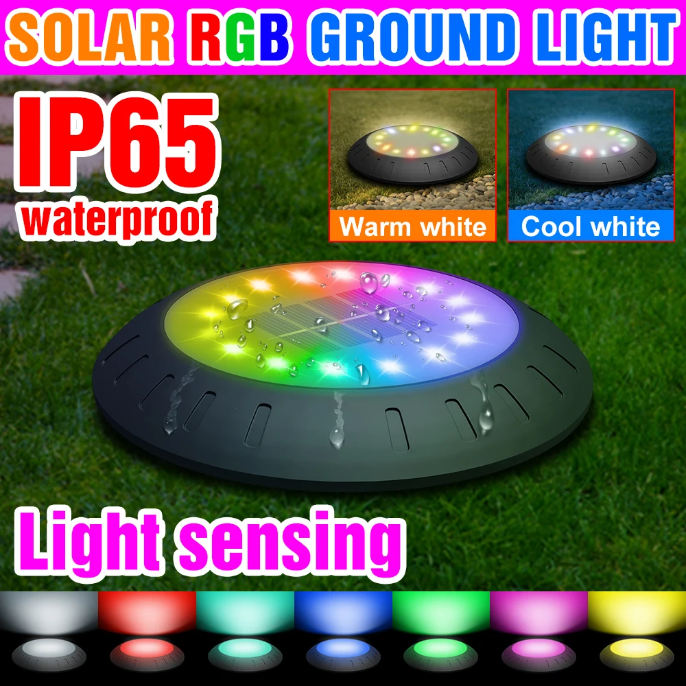 

Светодиодный светильник на солнечной батарее, водонепроницаемый уличный Точечный светильник для газона с датчиком освещения, садовый декоративный RGB светильник для внутреннего двора, IP65