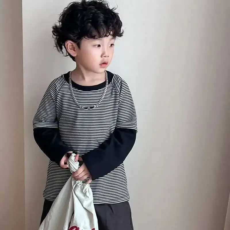 한국 스타일 스트라이프 스플라이싱 긴팔 셔츠 가을 겨울 남아 베이스 셔츠 아우터 아동 캐주얼 라이트 탑