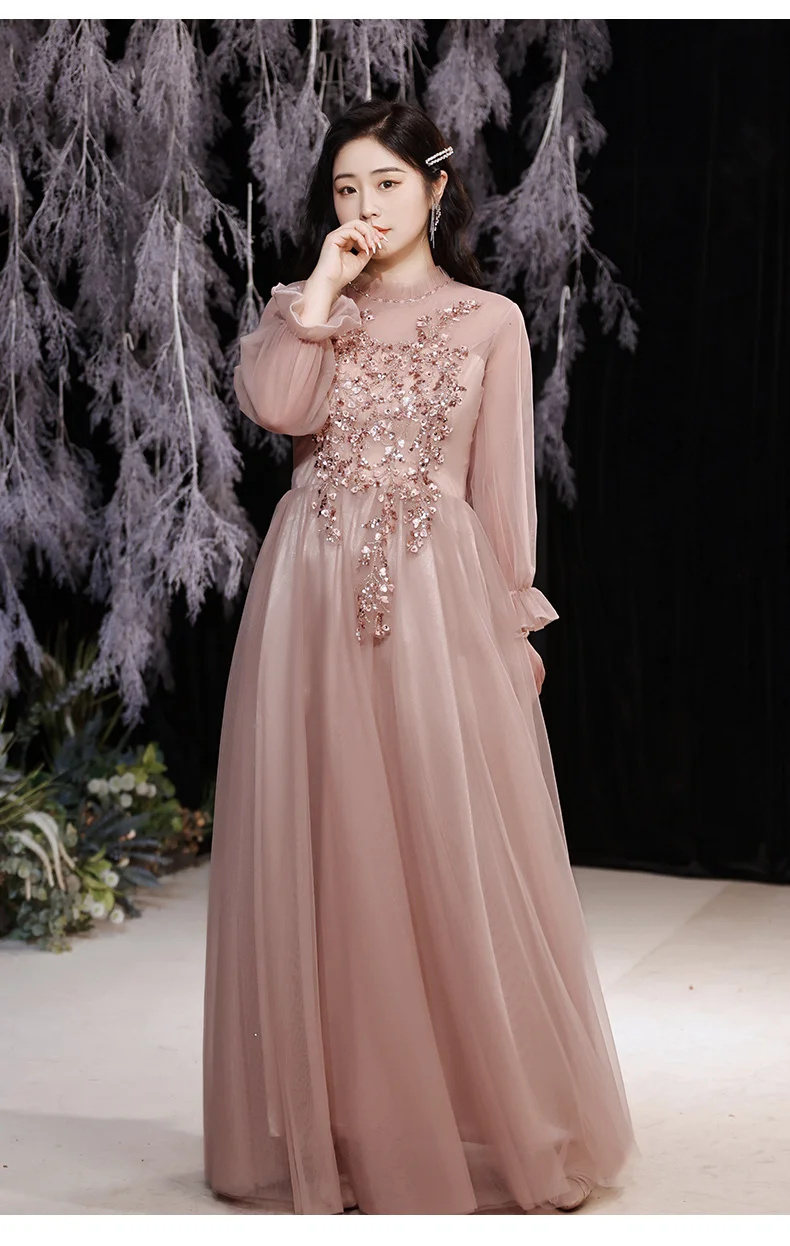 long sleeve maxi dress formal Evening Dresses For Women Elegant O-Neck A-Line Floor-Length Tulle Long Sleeve Prom Gowns With Appliques long sleeve maxi dress formal