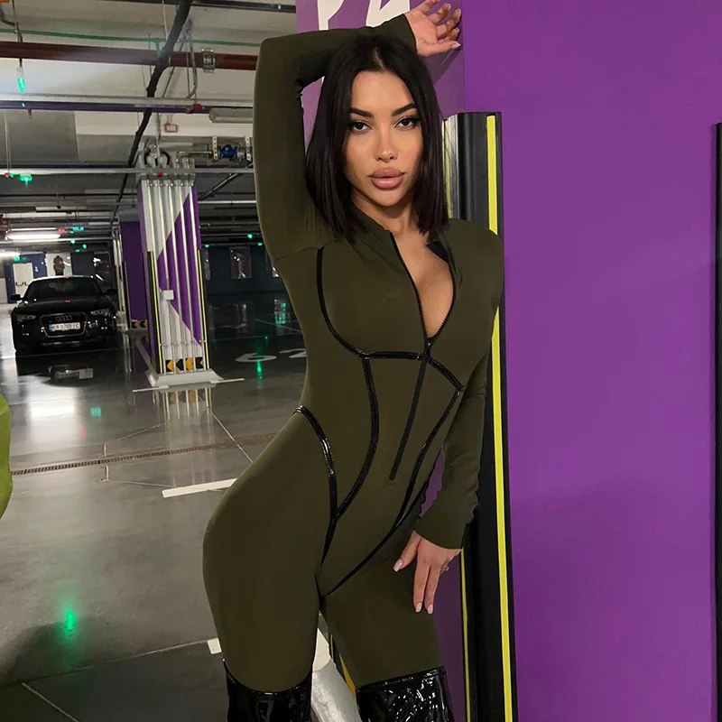 Autumn Women Leather Stripe Split Design Sense Leggings Sexy Spicy Girls Tight Long Sleeve Bodysuit  Jumpsuits Casual Sportswear