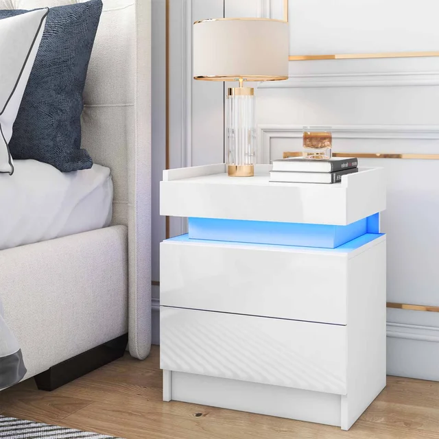Buy sense white high gloss bedside table with led light Outlet Online