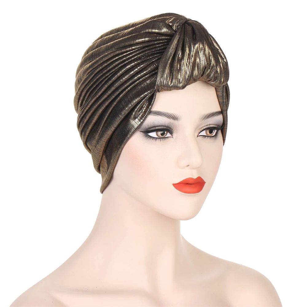 

Shiny Women Top Knotted Turban Bonnet Head Wraps India Hat Muslim Ready to Wear Hiajbs Musulman Turbante Mujer Hair Accessories