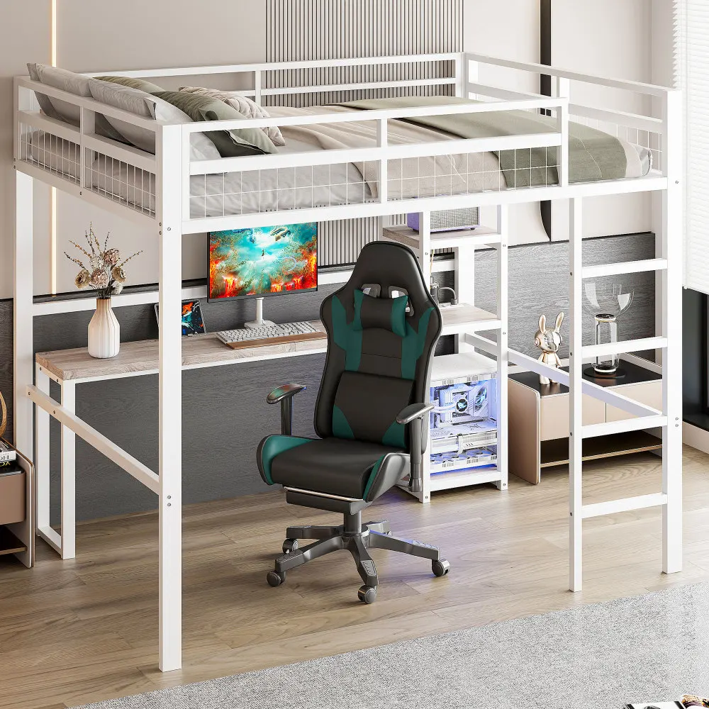 Multifunktionales Hochbett 140 x 200 cm – stabiler Eisenrahmen mit integriertem Schreibtisch (Steckdose + USB-C), vielseitige Einsätze, ohne Matratze – Detail 21