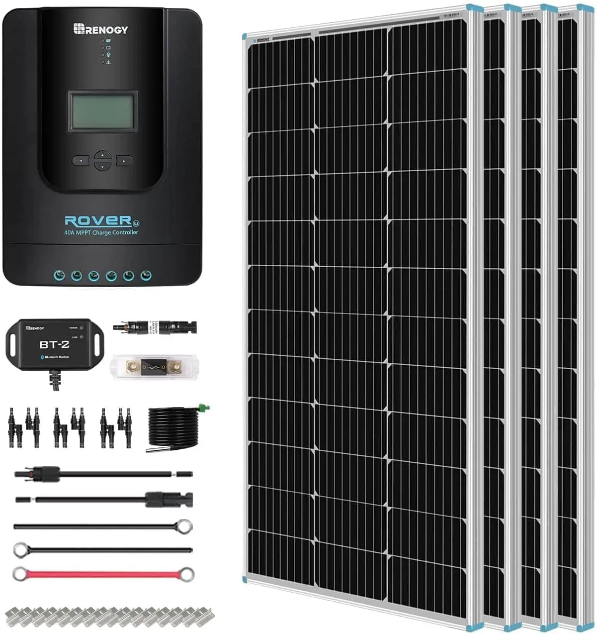 

Renogy 400 Watt 12 Volt Premium 4 Pcs 100W Panel+40A MPPT Charge Controller+ Bluetooth Module Fuse+ Mounting