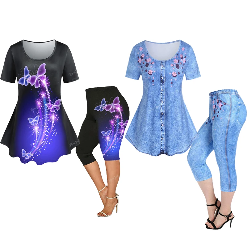 ROSEGAL Plus Size 3D Printed Tee And Capri Leggings Matching Set Size Is Too Large Butterfly Floral Pattern Women Outfits