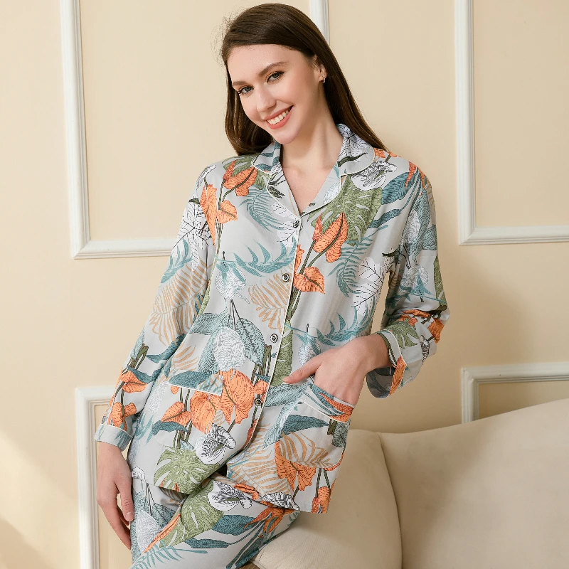 2023 Spring Pajamas For Women Cotton Twopiece Suit Long Sleeve Green