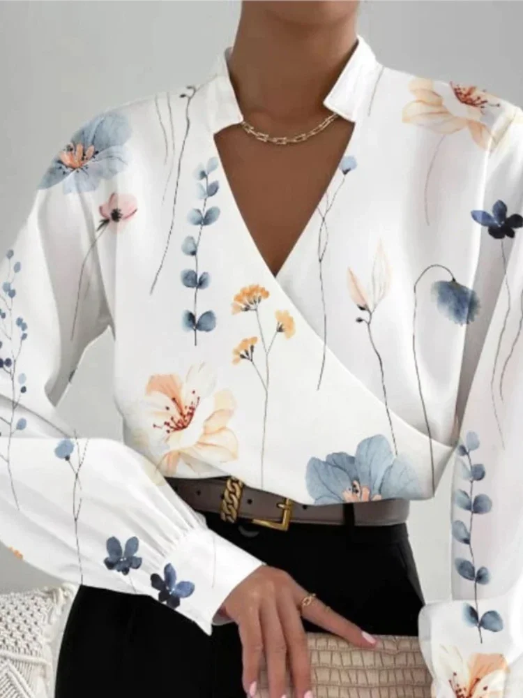

Women's Autumn New Long Sleeved V-neck Printed Tops Casual Loose Fitting Shirt Blusas Femininas Elegant Blouses Sexy 2023