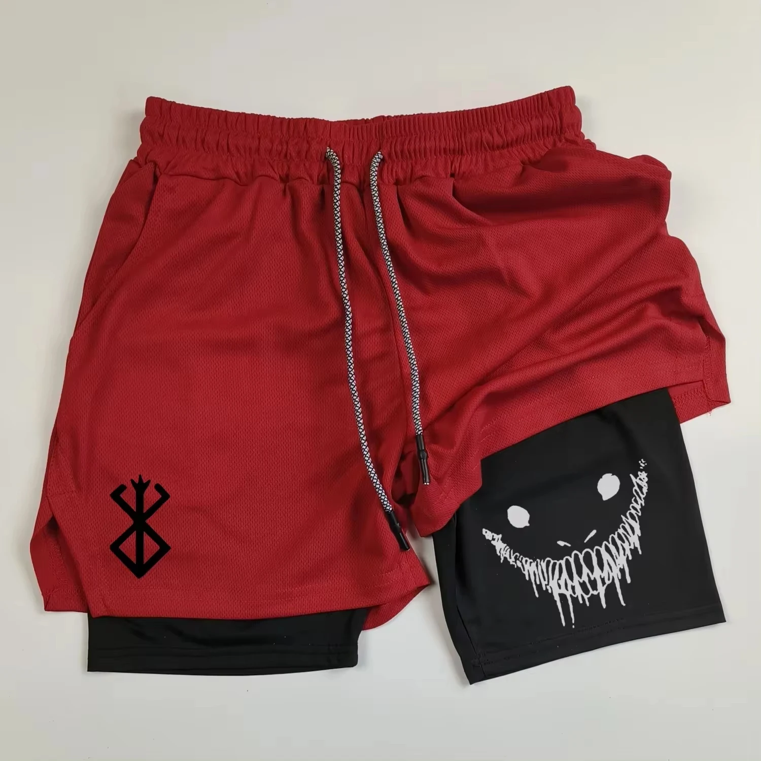 Men Fitness Gym Training 2 in 1 Sports Anime Berserk Running Shorts Quick Dry Workout Jogging Double Deck Towel 6