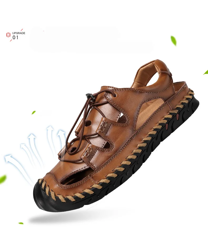 Summer Genuine Leather Outdoor Shoes Men Sandals Handmade Classic For Male Soft Walking Beach Sandalias Sandal Slides Large Size