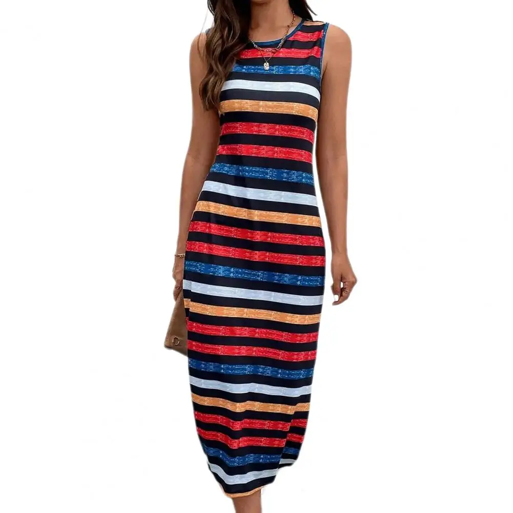

Striped Sleeveless Dress Colorblock Striped Sleeveless Midi Dress Chic Versatile Women's Vest Dress for Casual Commute Dating
