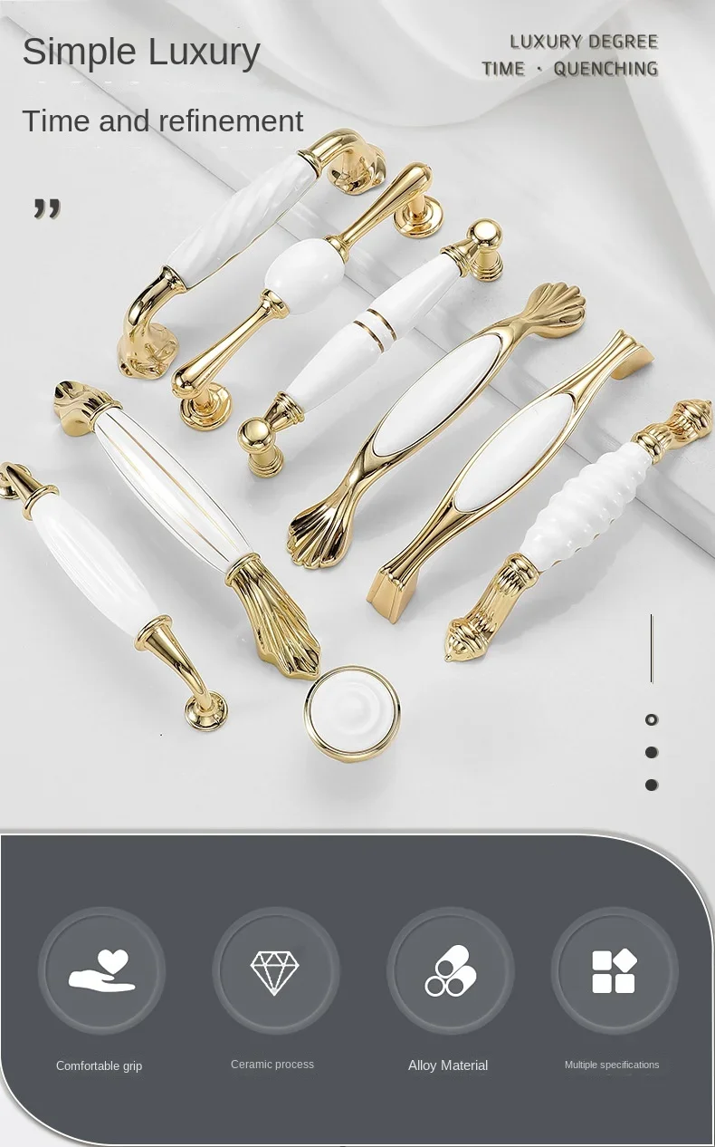Description Picture 2 of itemEuro Ceramic Furniture Handles Zinc Alloy Gold White Kitchen Cabinets Pulls Cupboard Wardrobe Drawer Konbs for Dresser