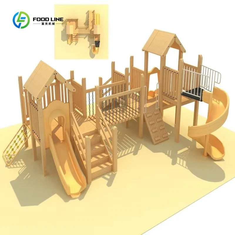 Attrezzature da gioco per esterni in legno per bambini con scivolo e struttura da arrampicata integrati per parchi pubblici, scuole mattonelle e scuole, personalizzabili - immagine 3