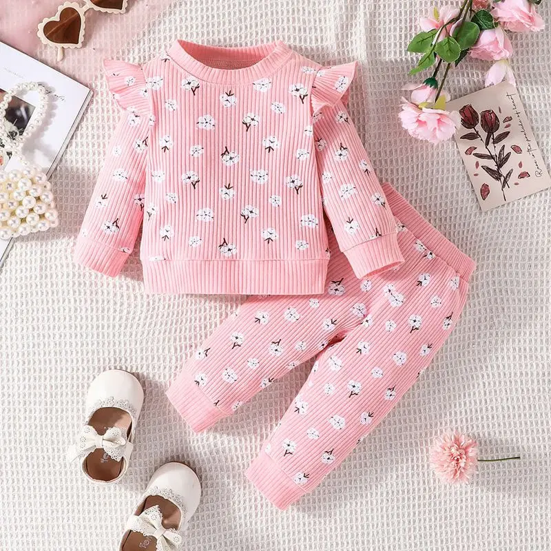 

Autumn Baby Girls Sets Clothes Flower Printed Long Sleeve Rib Tops Pants Fall Spring Outfits Casual Infant Suit Clothing 3-24M