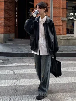 Vintage PU Leather Jacket Women High Street Techwear Oversized Moto Biker Coats BF Punk Loose Casual Cropped Outerwear 5