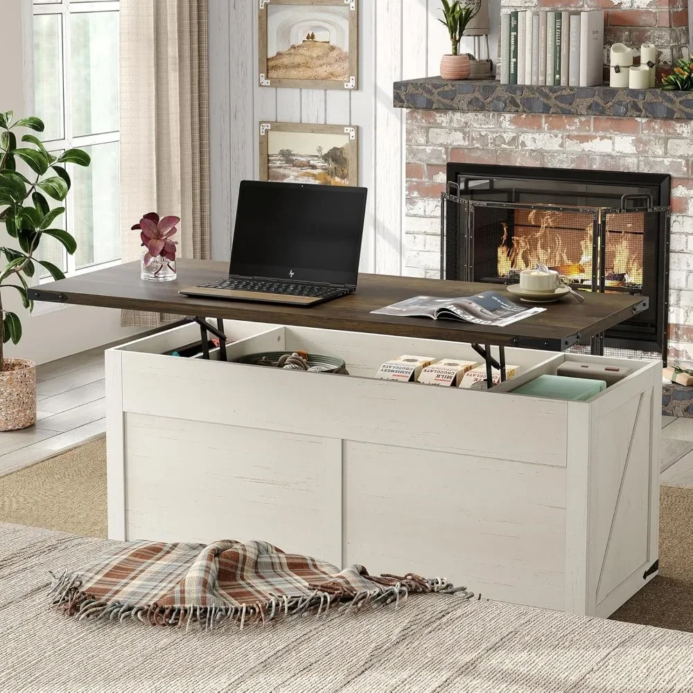 47.3'' White Farmhouse Center Table with Sliding Ironmesh Doors, Rustic Brown Top Rectangular Coffee Table for Living Room 4
