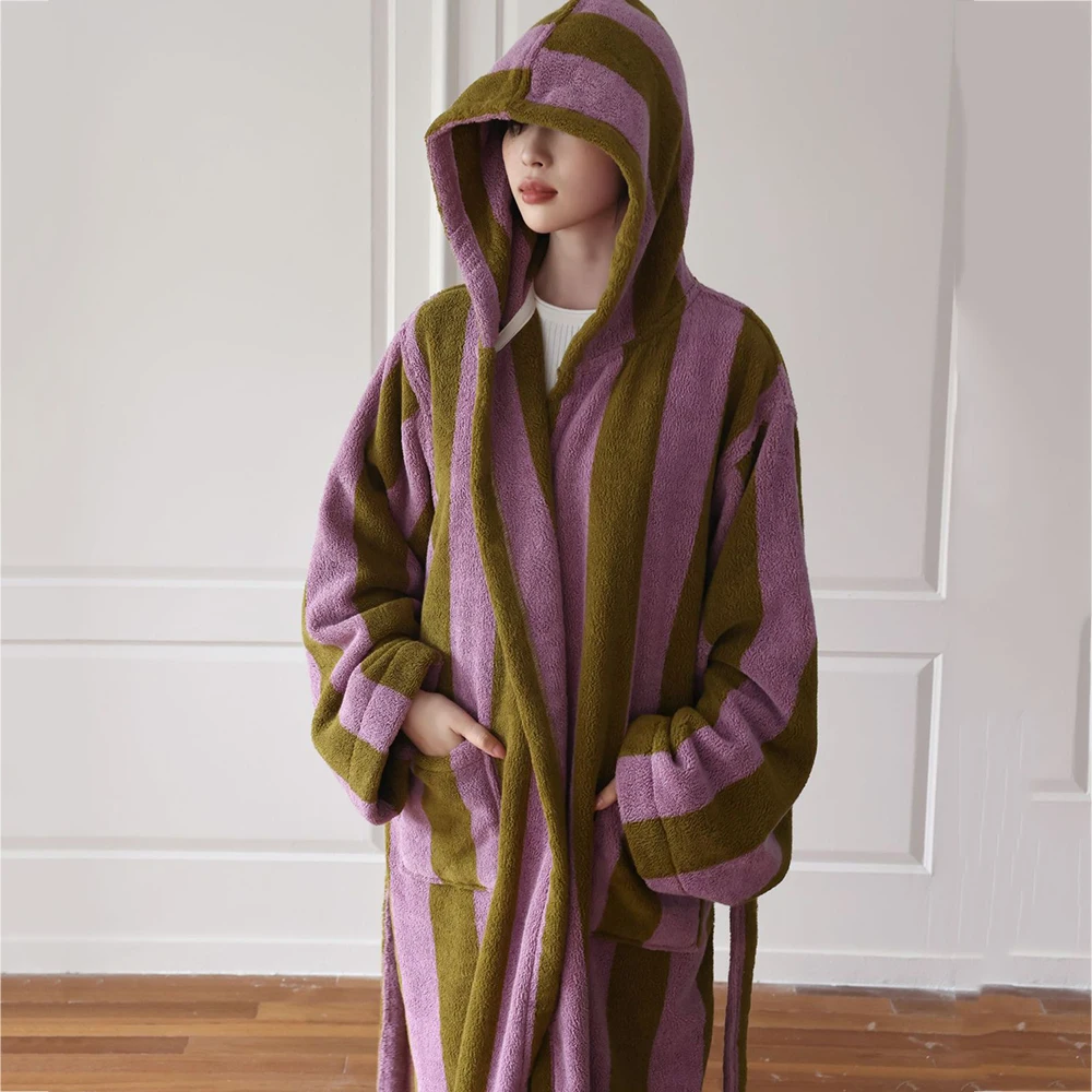 Retro Striped Female Hooded Bathrobe Terry Towel Long Robe Sleepwear Autumn Combed Cotton Nightwear Loungewear Loose Homewear