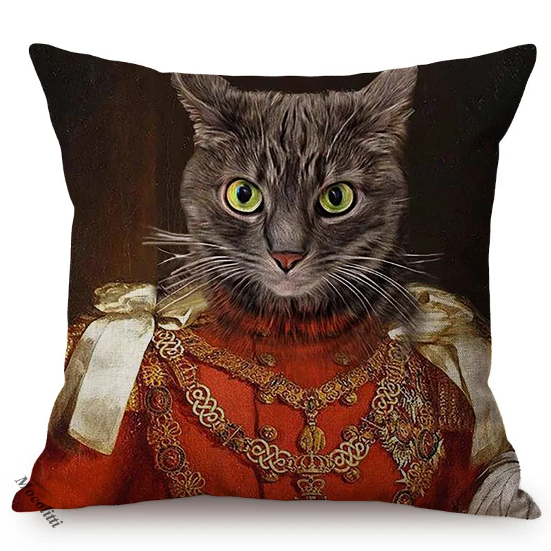 Cat General Portrait Imitate Famous Oil Painting Art Decorative Cushion Cover Nordic Funky Animal Style Sofa Throw Pillow Case 5