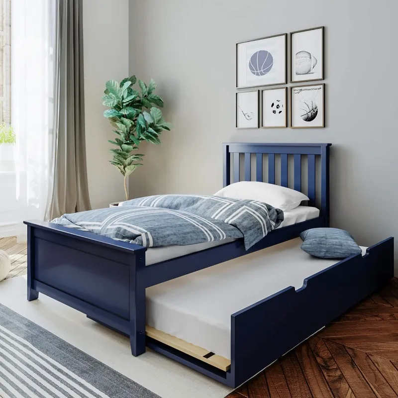 Twin Bed, Wood Bed Frame with Headboard For Kids with Trundle, Slatted