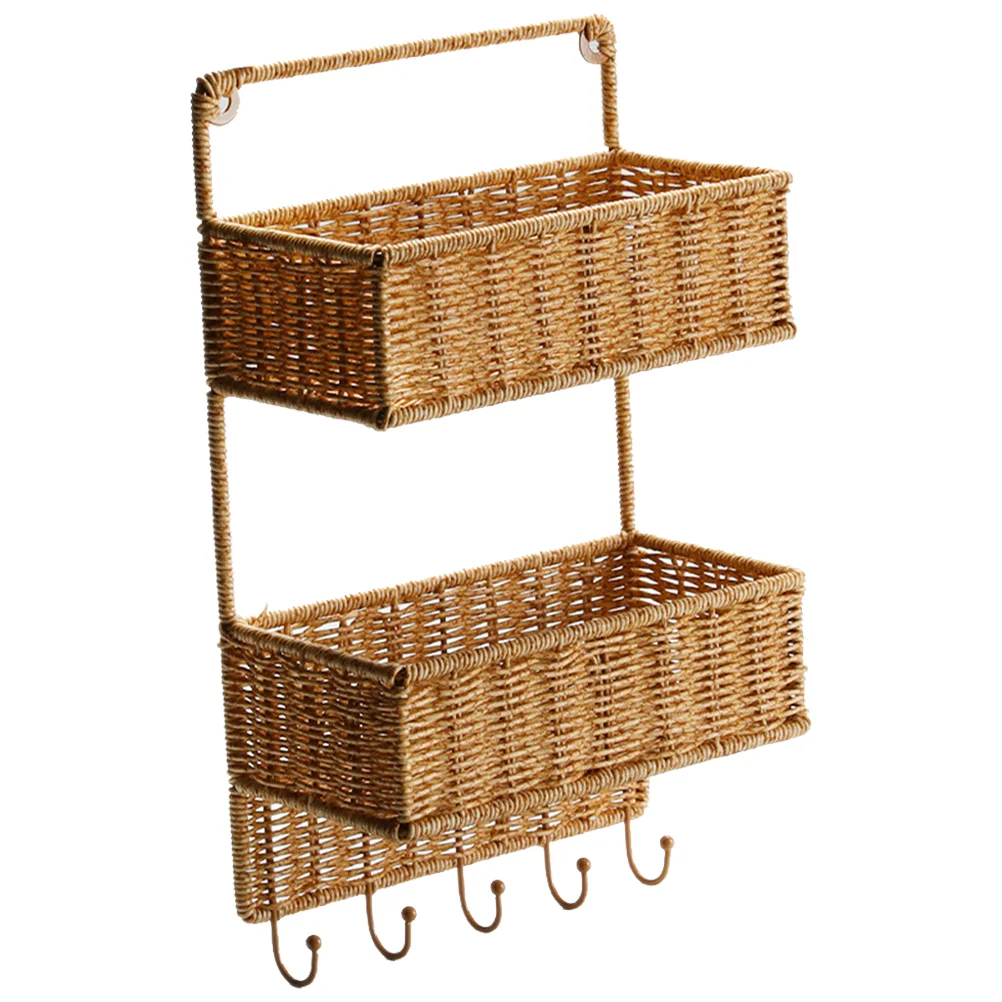 

Woven Wall Mount 2-Tier Storage Sorter Basket 5 Hooks Rattan Hanging Fruit Basket Kitchen Vegetables Organizers