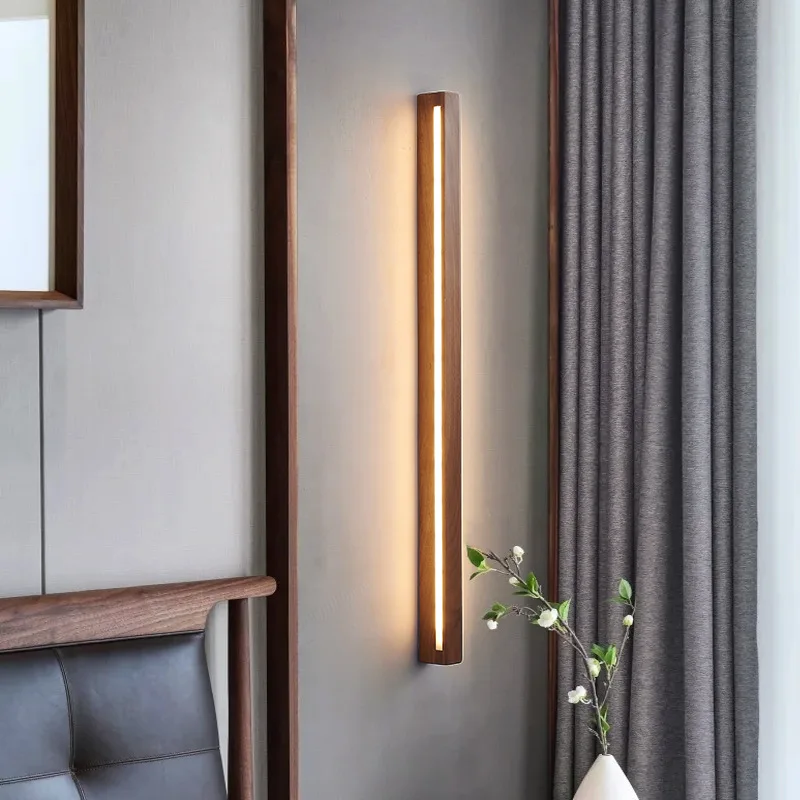 

Long Wall Lamp LED Modern Black Walnut Living Bedroom Minimalist Background Strip Lamp Imitation Solid Wood Corner Wall Light