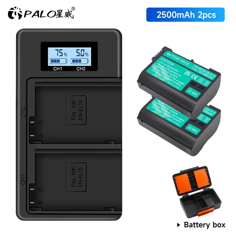 2500Mah En-El15C El15C En El15 Batteria + Doppio Caricatore Usb + Scatola Di Immagazzinaggio Per Nikon Z5, Z6, Z6 Ii, Z7, Z7Ii D780, D850, D7500, D500
