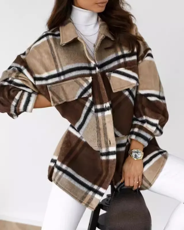 Women's clothing autumn and winter new autumn and winter long sleeved plaid shirt jacket personalized versatile commuting
