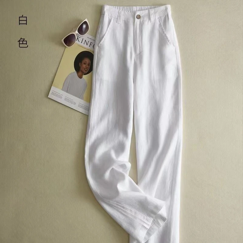 Fashion Cotton Linen Pants Women Elegant High Waist White Wide Leg Trouser Woman Casual Baggy Straight Streetwear Pants 2024