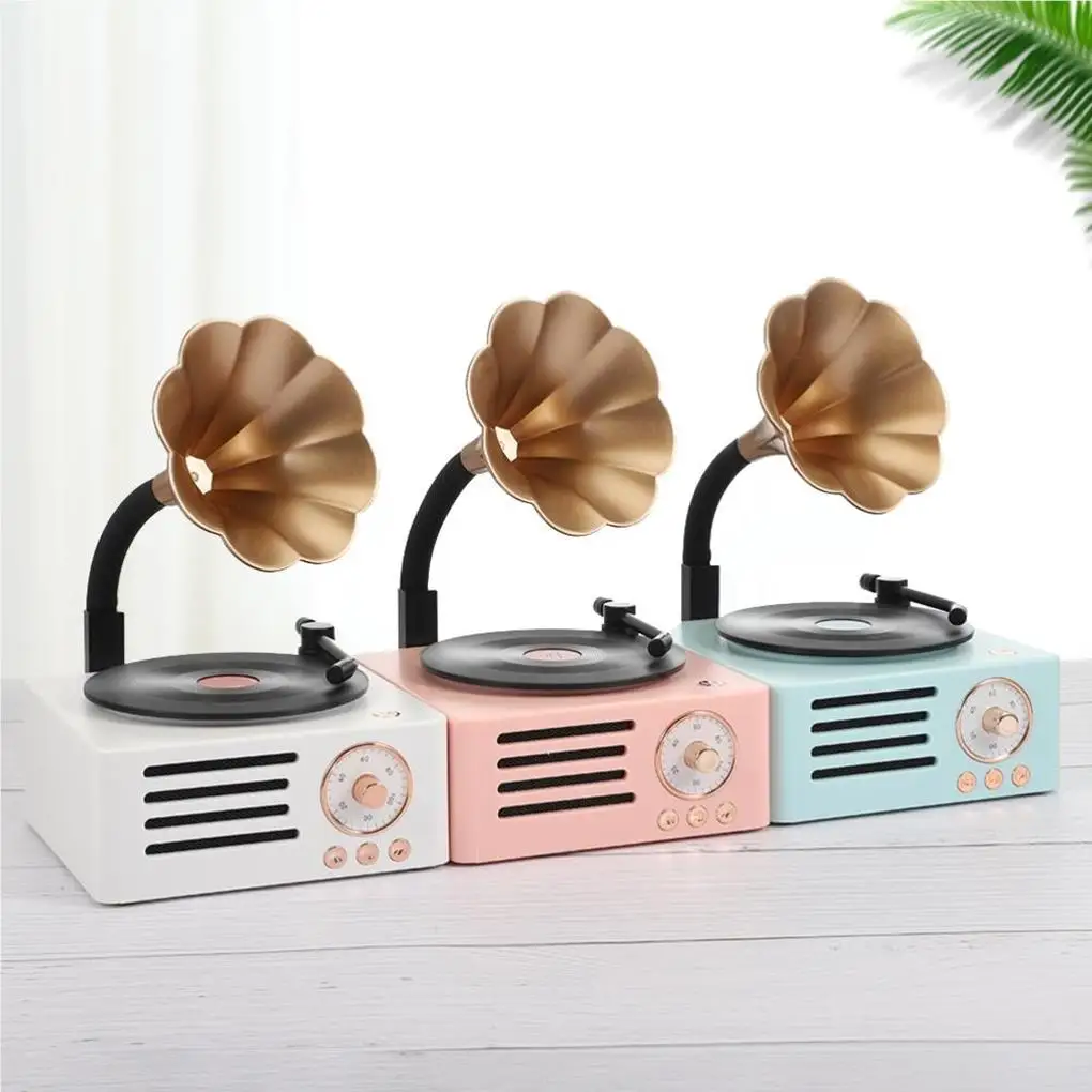 레트로 미니 축음기 스피커, 무선 레코드 MP3 스테레오 음악 플레이어, 트럼펫 모양 서브 우퍼 라디오, 홈 오피스 화이트