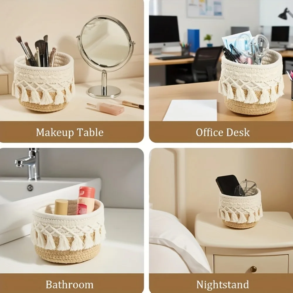 1pc Round Woven Cosmetic Storage Basket,Makeup Brush Holder, Cute Vanity Organizer Box for Home Decor,Ideal for Storing Pencils
