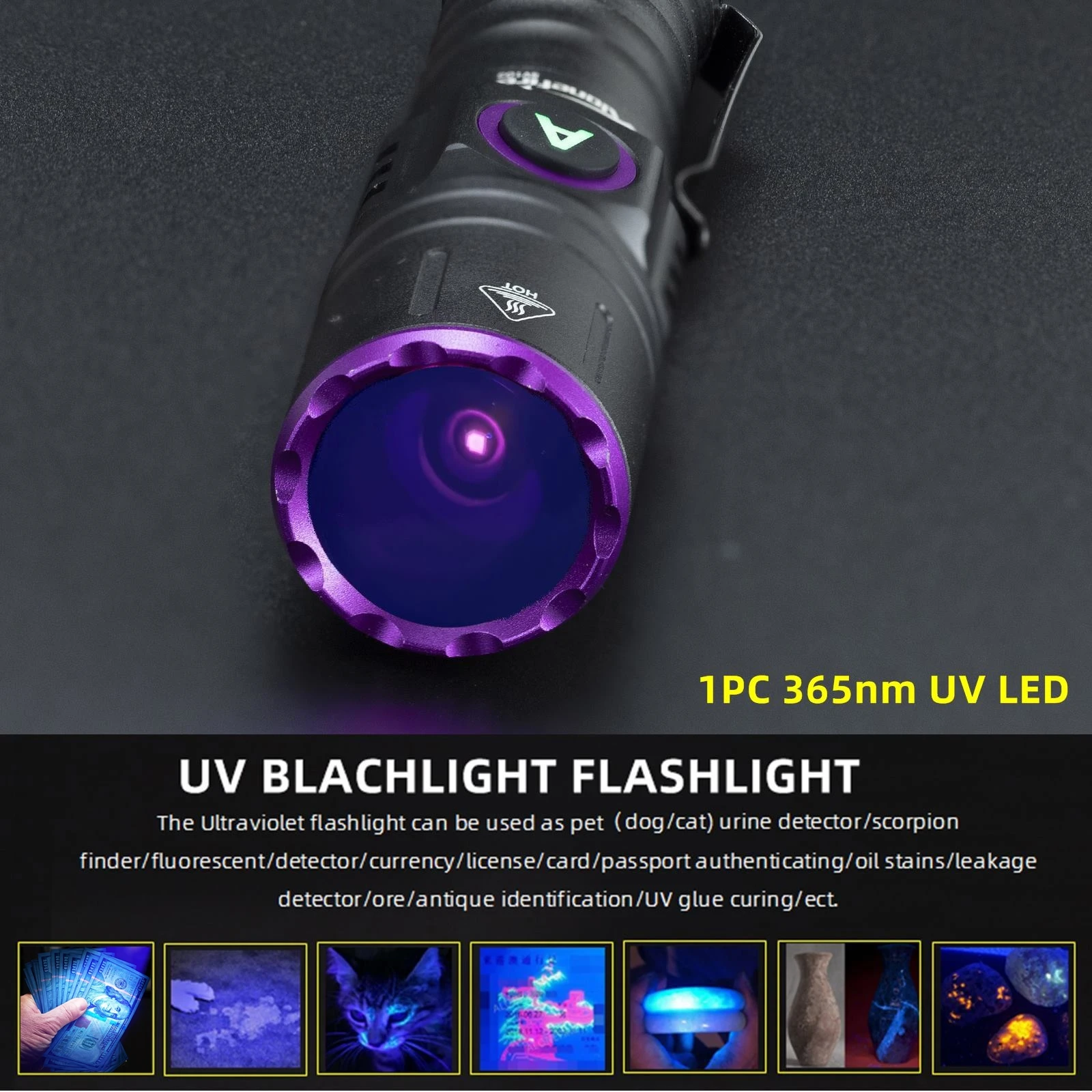 UV Flashlight Rechargeable 365 Nanometer Black Light For Pet Urine Detection, USB-C Portable Black Light Mini Strong Wood Light