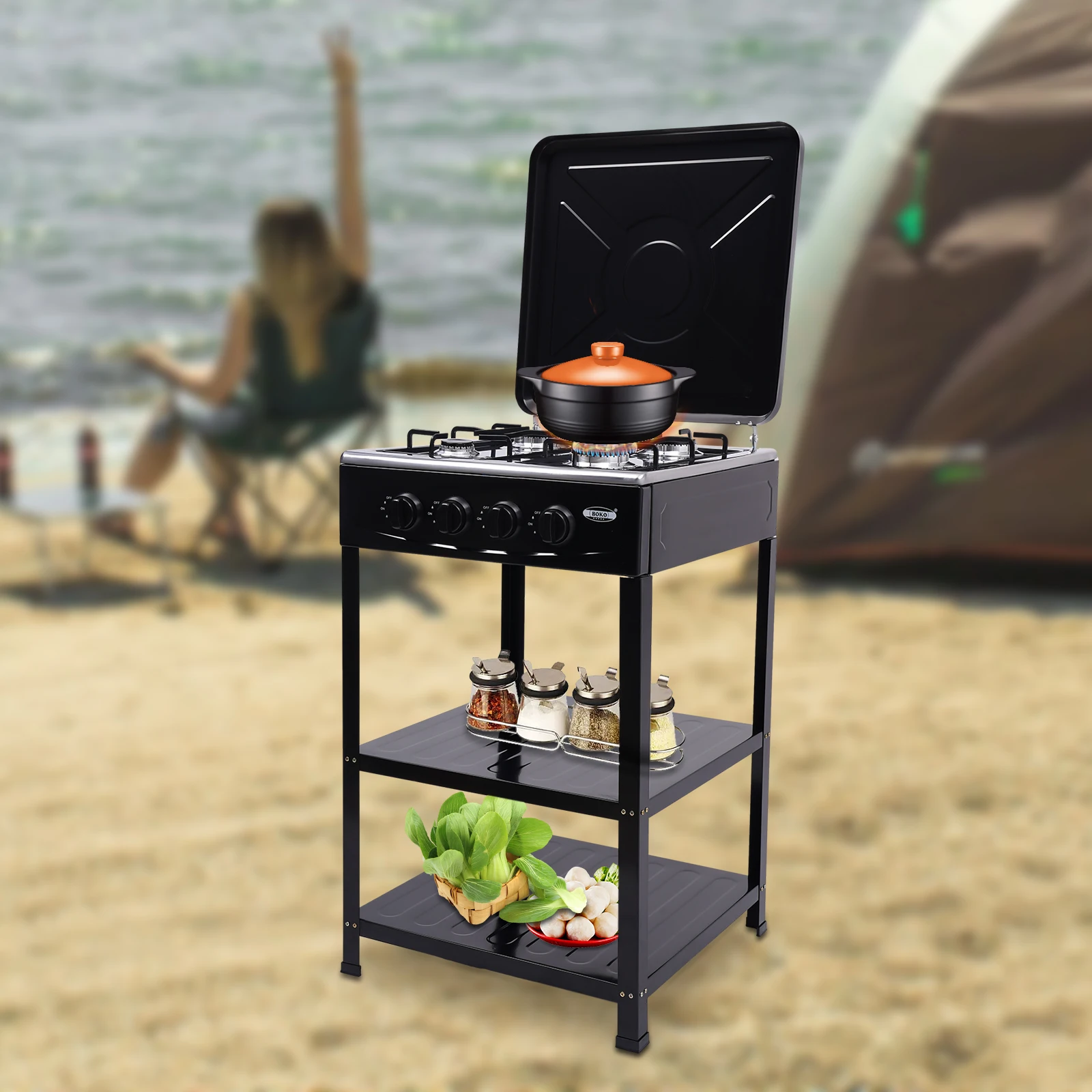 Outdoor 300000 BTU Stove Propane 4 Burner Portable Cooker BBQ Grill Windshelter Black with Detachable Storage Rack