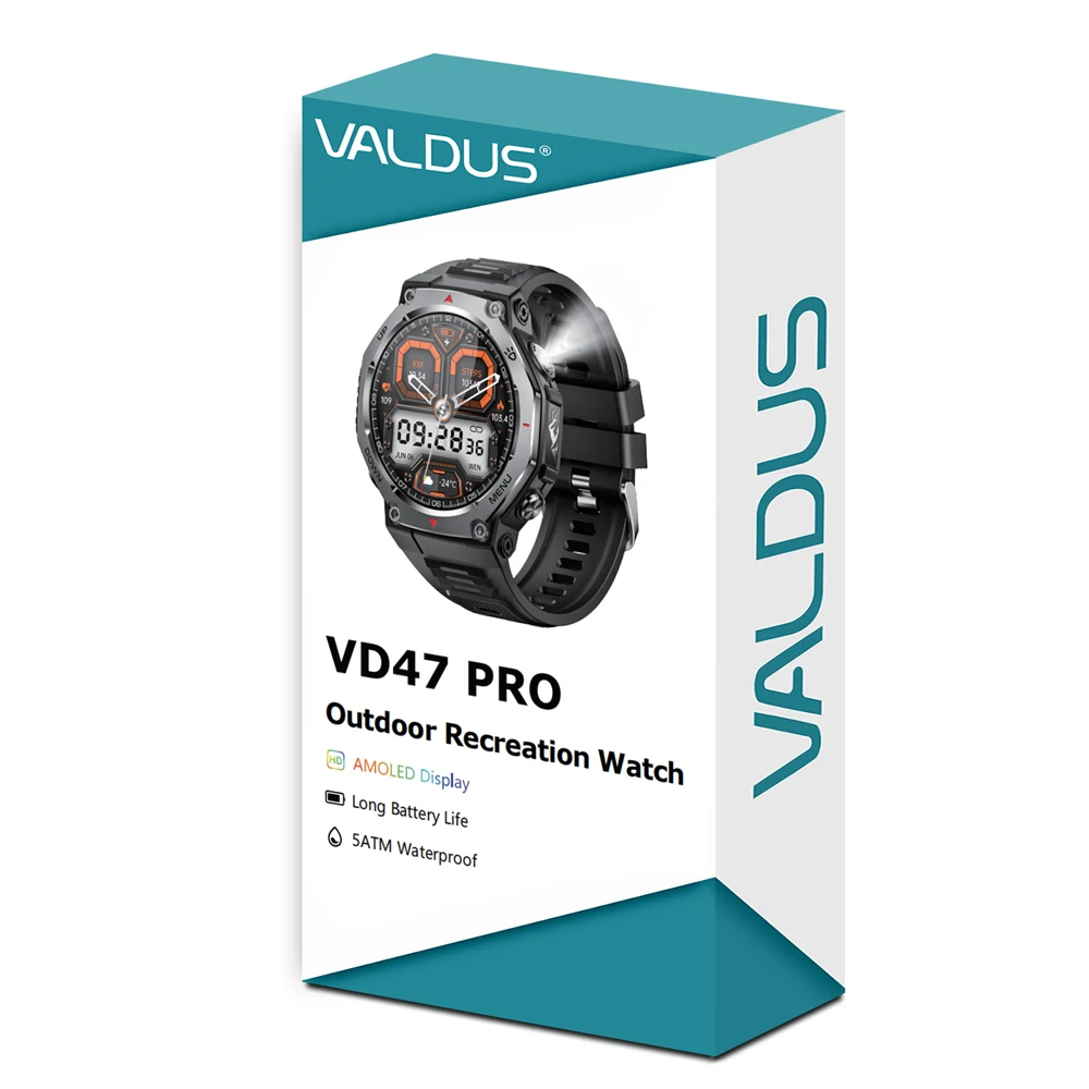 발두스 VD47 Pro AMOLED 스마트워치 남녀 피트니스 음성 비서 블루투스 통화 플래시라이트 심박수 방수 스마트워치