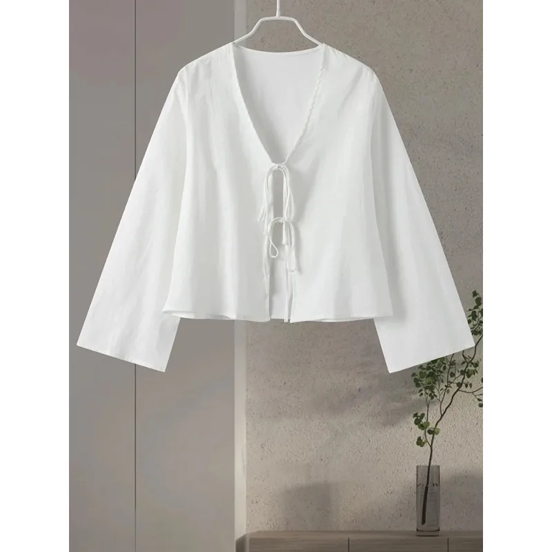 Cotton Line Tops Women Lace Up V-neck Loose Solid Shirts Female 2024 Summer New Long Sleeves Fashion Casual Soft Shirt Lady