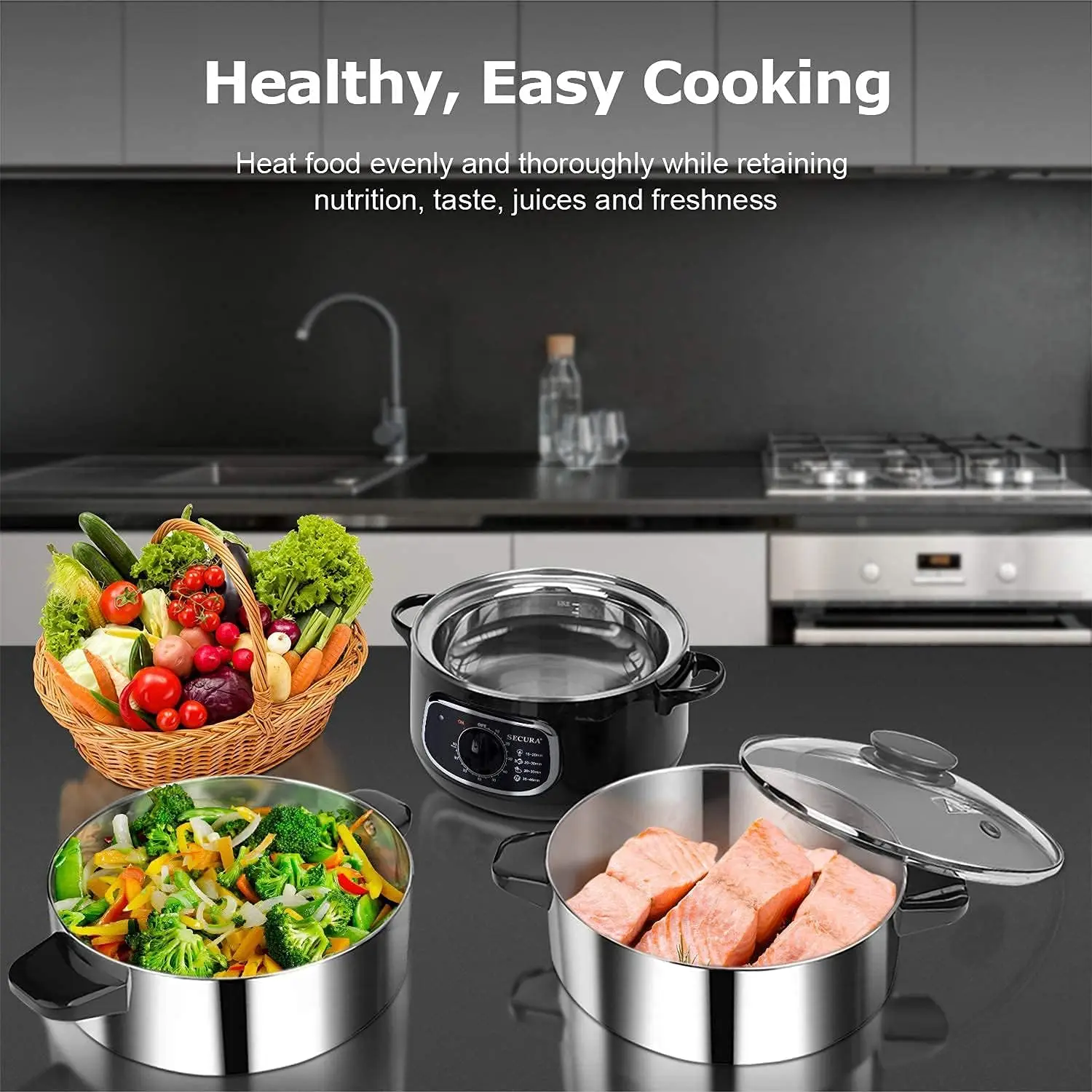 Stainless Steel Food Steamer 8.5 Qt Electric Glass Lid Vegetable Steamer Double Tiered Stackable Baskets with Timer 2