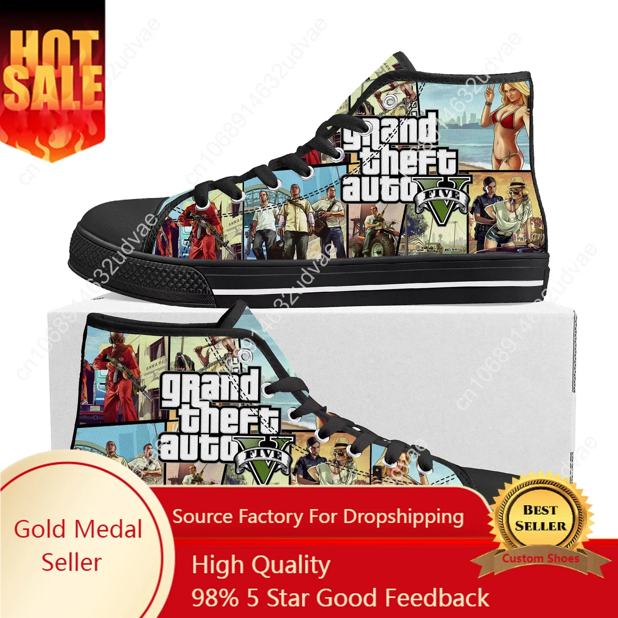 Anime Cartoon Grand Theft Auto GTA V 5 High Top Sneakers Mens Womens Teenager Canvas Sneaker Casual Couple Shoes Custom Shoe