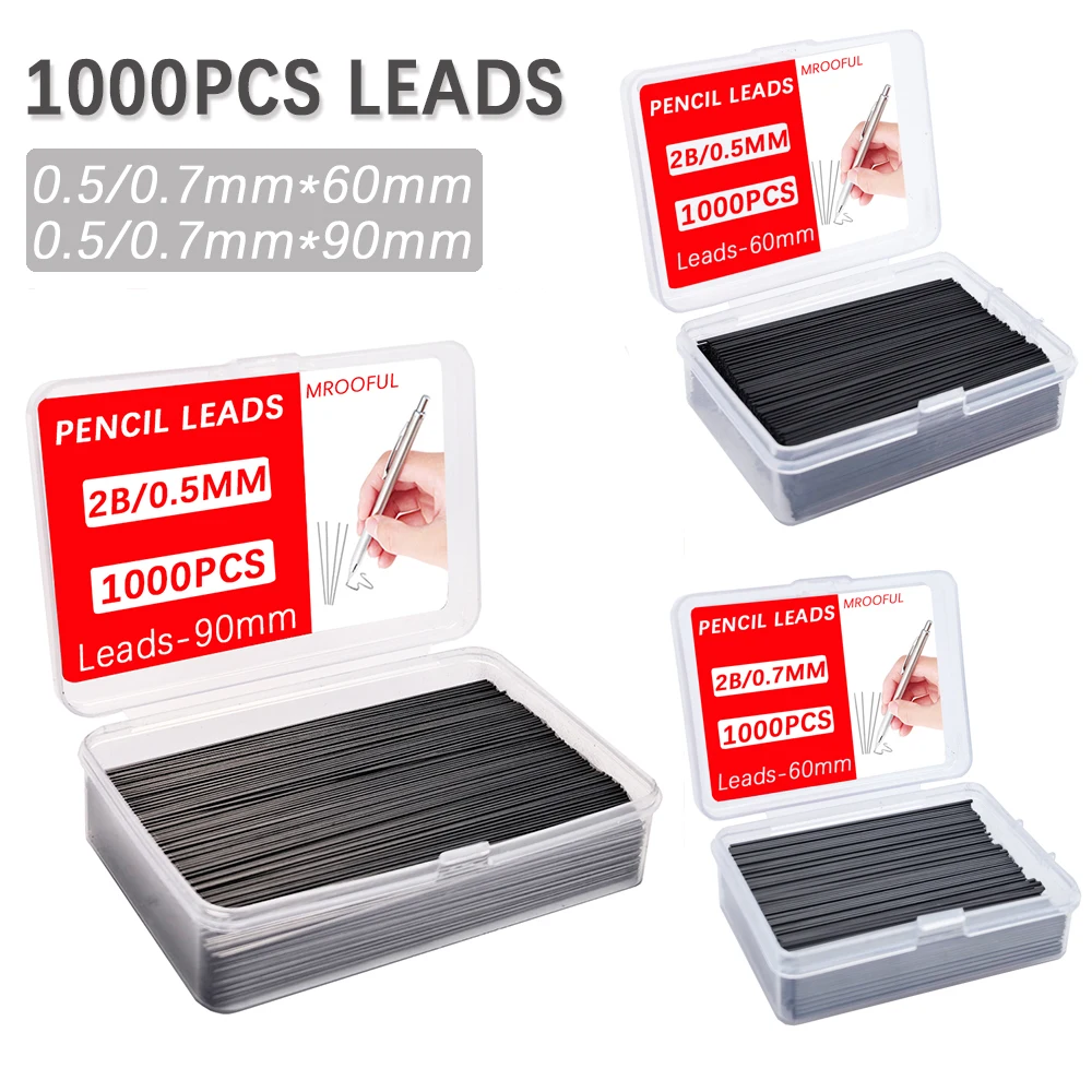 1000Pcs 기계식 연필심 대용량 교체 가능 연필 리필 0.5 0.7mm 2B 자동 연필심(튜브 2개 포함)
